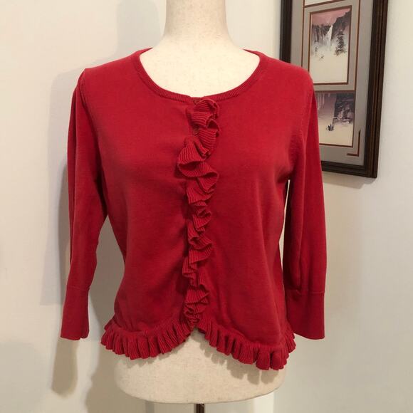Y2K G.H. Bass & Co. Red Cardigan Sweater Women's Medium Ruffles Coquette Twee - Picture 2 of 10